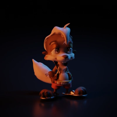 Cartoon humanoid fox with casual attire, relaxed posture.