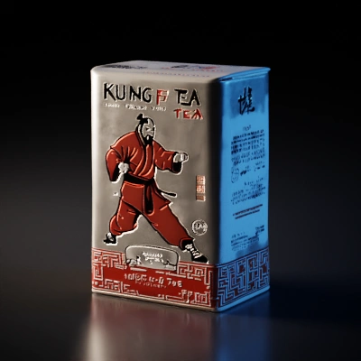 Box of Kung Fu Tea with martial artist illustration.