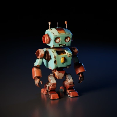 Retro-inspired robot, boxy limbs, expressive face.