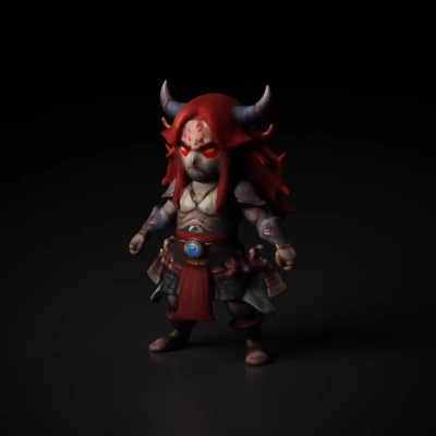 Chibi-style warrior with horns, red hair, glowing eyes.