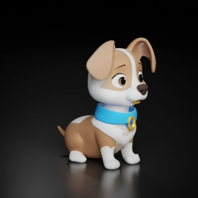 Cartoon puppy with a heart-shaped tag, big eyes.