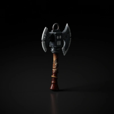 Battle-worn double-headed axe with intricate design.