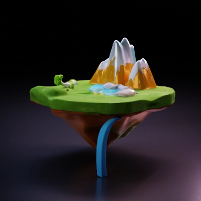 Floating island with mountains, trees, river, and animals.