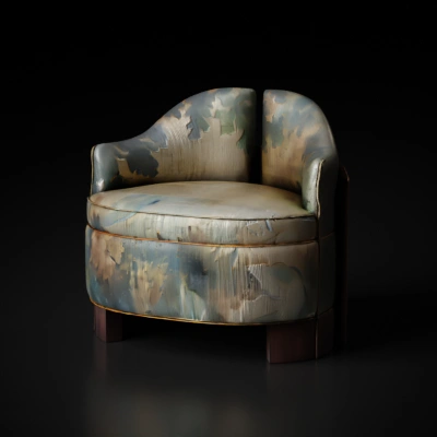 A floral-patterned armchair.