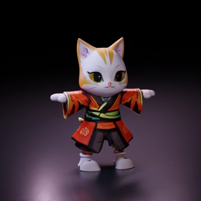Cat samurai character in a traditional outfit. Anime style. Toon Shader.