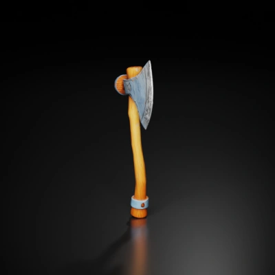 Wooden-handled battle axe with metal blade.