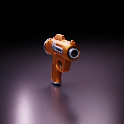 Retro futuristic orange plastic ray gun, handheld weapon.