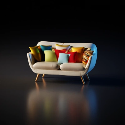 Modern sofa with multiple mismatched cushions.