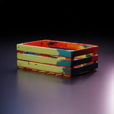 Wooden crate, slatted sides, open top.
