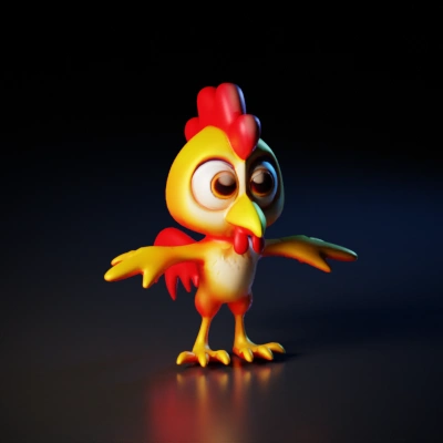 Cartoon chicken character with big eyes and wings spread.