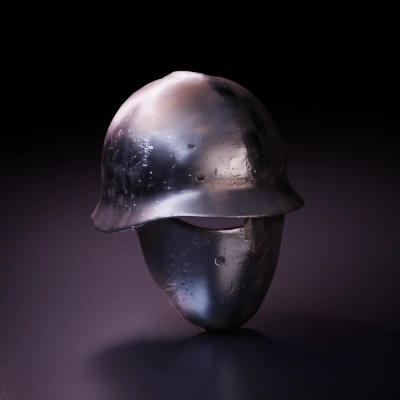 Medieval knight helmet, rusty and battle-worn.