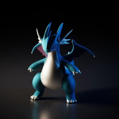 Dragon-like creature with blue scales, red wings, and claws.