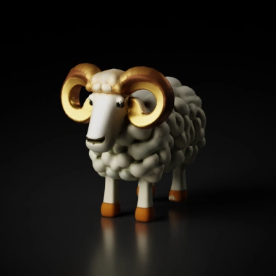 Toy ram rendered in a wooden texture, rotund and fluffy.