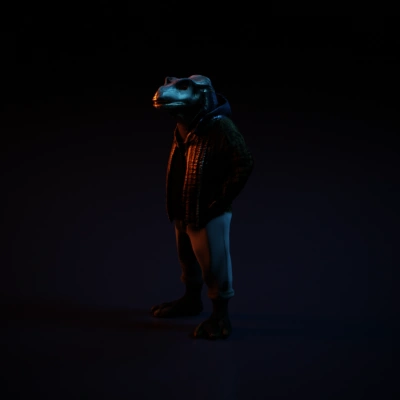 Reptilian humanoid character in casual clothing.
