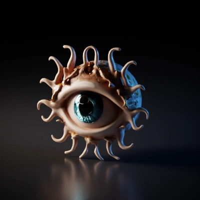 Eye surrounded by floral tentacles, fantasy design, imaginative.