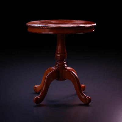 Round ornate wooden table, detailed carvings, three-legged pedestal base.