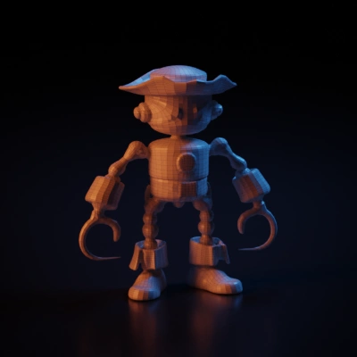 Pirate-themed robot with eye patch and hook hands. character, complex geometry.