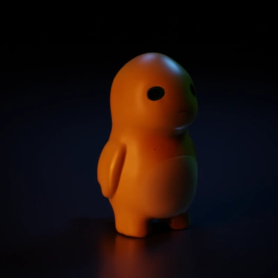 Sad expression, chubby creature, simple design, standing.