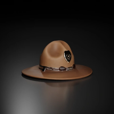 Wide-brimmed hat with a badge.