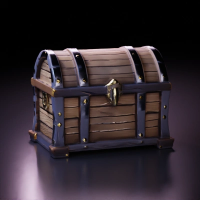Treasure chest with metal accents, wood planks.