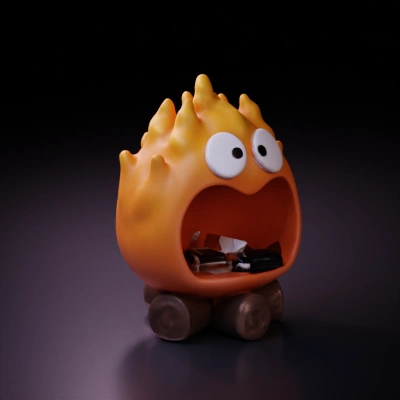 Cute character with flame-like hair, big eyes, open mouth.