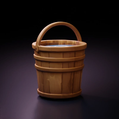 Wooden bucket with water inside.