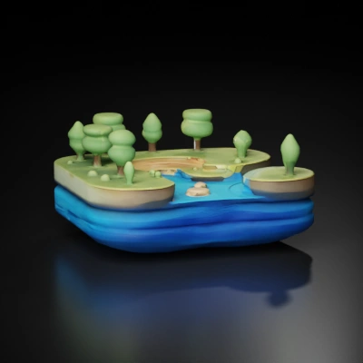 Isometric terrain model with river and trees.