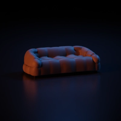 Rounded, plush couch, segmented cushions, modern design.