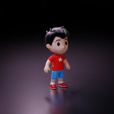 Cartoon-style boy, star shirt, shorts, sneakers.