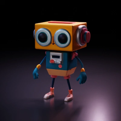 Boxy robot with large eyes, cartoonish design.