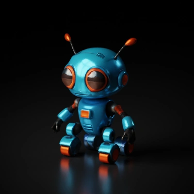Cute robot with large eyes and small limbs.