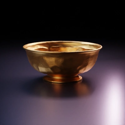 Ornate golden bowl, intricate engravings, wide brim, rounded base.