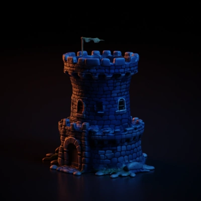 Stone castle tower with battlements, cylindrical structure.