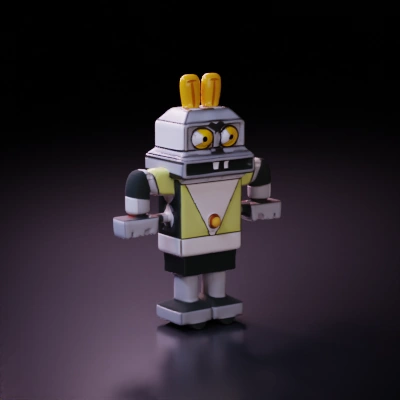 Robot with rabbit ears, cartoonish design, robotic character.