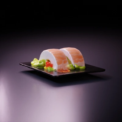 Japanese sushi dish with garnishes.