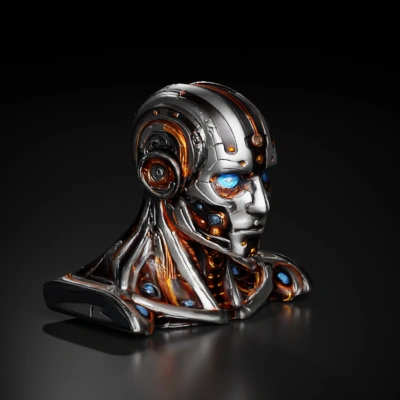 Robotic humanoid with futuristic design, glowing components.