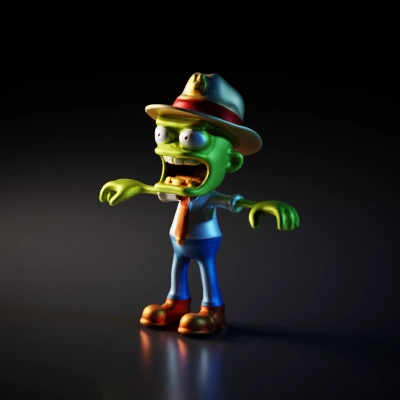 Zombie character wearing hat, business attire.
