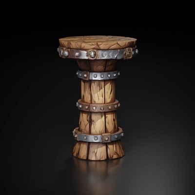 Wooden stump table with metal bands.