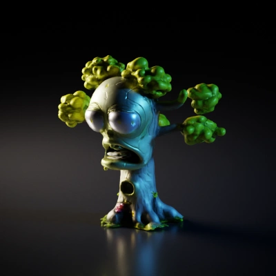 Zombie-faced tree with fruit and flowers, cartoonish.