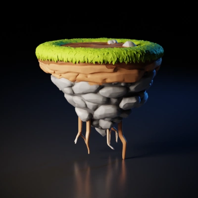Floating island with grass, soil, rocks, and roots.