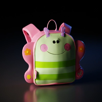 Backpack with butterfly design, smiling face.