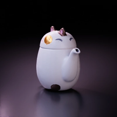 Cat-themed teapot, large spout, handle for pouring.