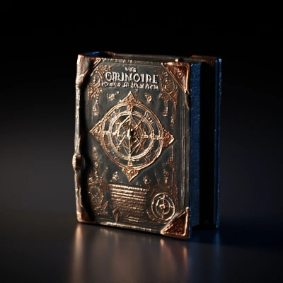 Ancient tome with mystical symbols, enchanted artifact.