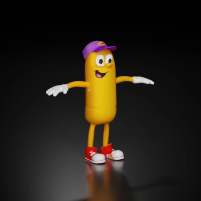 Twinkie-shaped character with arms, legs, hat.