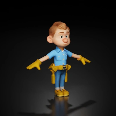 Cartoon construction worker, tool belt, work gloves, animated movie character.