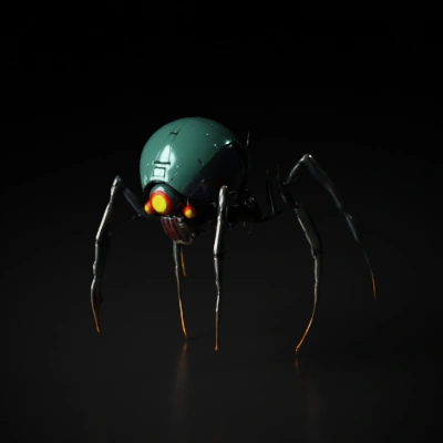 Spider-like robot with a single red-eye camera.