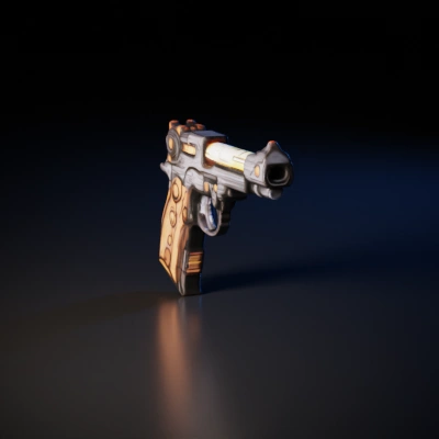 Handgun with wooden grip.
