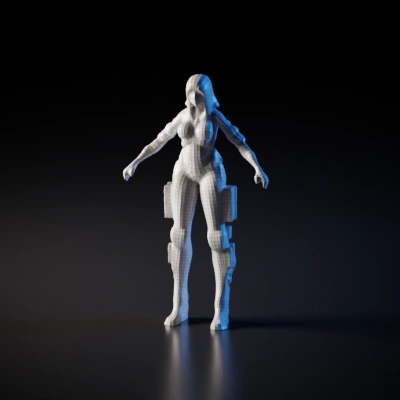 Futuristic soldier in combat gear with mechanical limbs. symmetric geometry, complex geometry, character