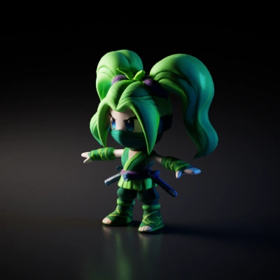 Cartoon ninja with large pigtails, ready for battle.