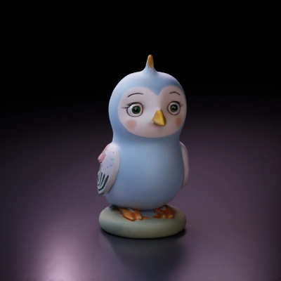 Chubby bird figure with smaller bird on head.